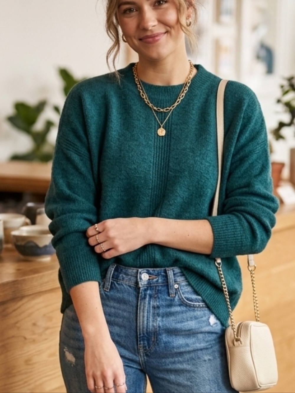 Vince Camuto Teal Textured Knit Oversized Crop Sweater - Small